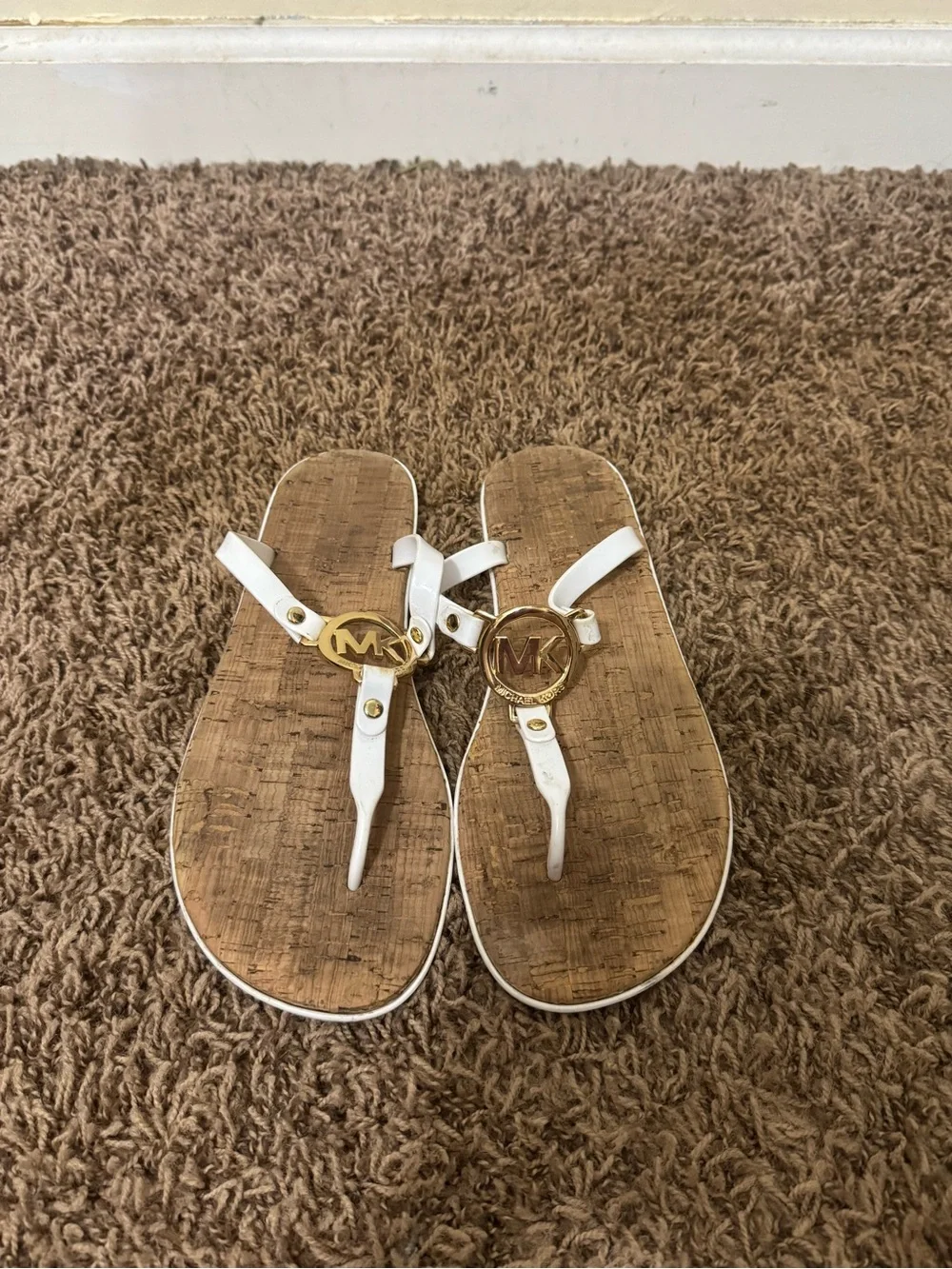 Michael Kors White Leather Thong Sandals with Gold MK Emblem